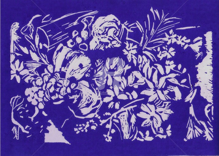 「Composition florale」というタイトルの製版 Brigitte Payen (B.PAYEN)によって, オリジナルのアートワーク, Linocuts ガラスにマウント