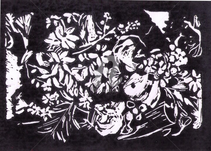 Impressões e gravuras intitulada "Composition florale…" por Brigitte Payen (B.PAYEN), Obras de arte originais, Linoleogravura