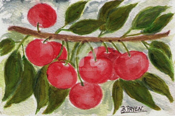Pintura intitulada "aquarelle cerises" por Brigitte Payen (B.PAYEN), Obras de arte originais, Aquarela