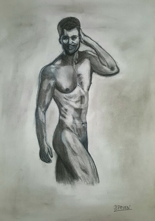 Drawing titled "NU  MASCULIN AU FUS…" by Brigitte Payen (B.PAYEN), Original Artwork, Pencil