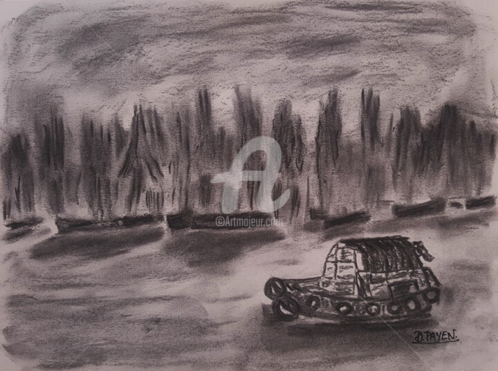 Рисунок под названием "Balade en jonque 2" - Brigitte Payen (B.PAYEN), Подлинное произведение искусства, Древесный уголь