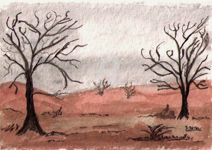 Dessin intitulée "paysage-desertique" par Brigitte Payen (B.PAYEN), Œuvre d'art originale, Encre