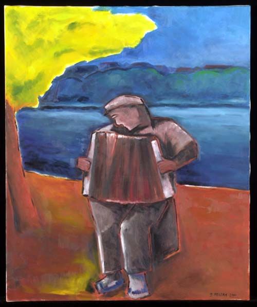 Pittura intitolato "L'accordéoniste" da Brigitte Pellerin, Opera d'arte originale