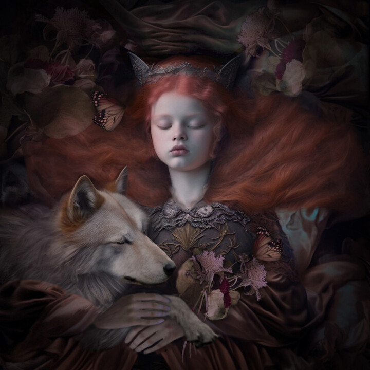 Arts numériques intitulée "La fille au loup" par Brigitte Robin, Œuvre d'art originale, Image générée par l'IA