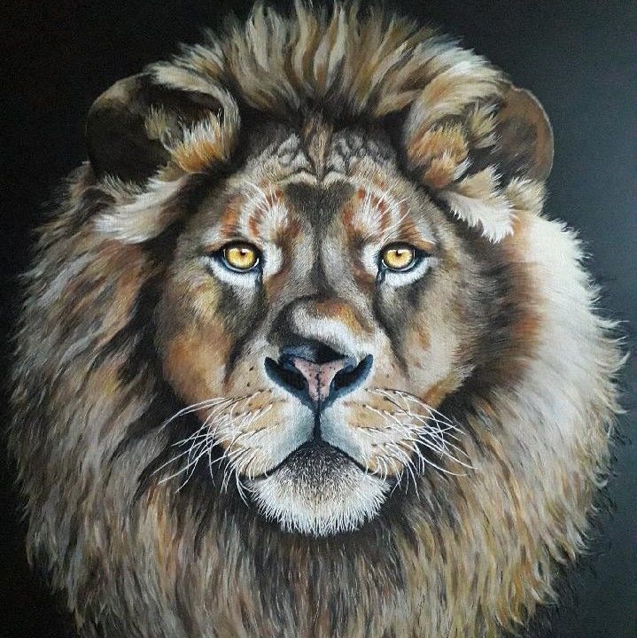 Painting titled "Portrait de lion" by Brigitte Roméo, Original Artwork, Acrylic