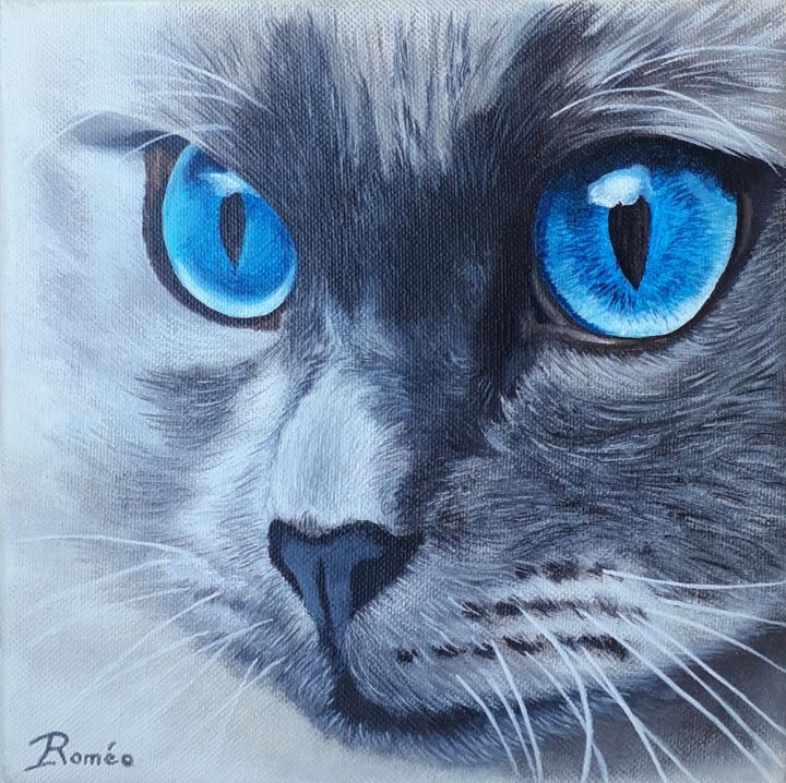 Painting titled "Portrait de chat bi…" by Brigitte Roméo, Original Artwork, Acrylic