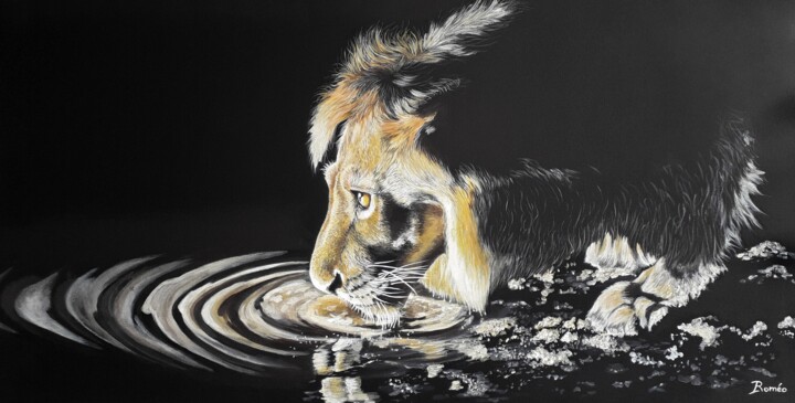 Painting titled "Dans l'ombre: lion…" by Brigitte Roméo, Original Artwork, Acrylic Mounted on Wood Stretcher frame