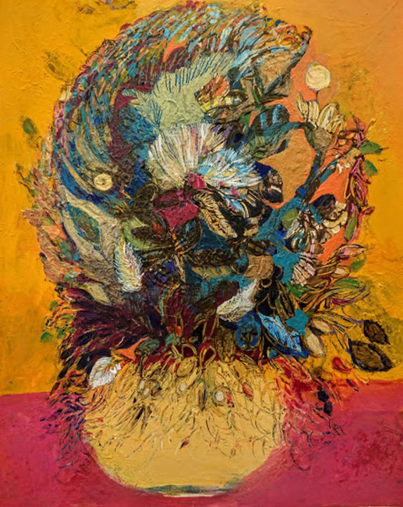 Painting titled "Fleurs en vase jaune" by Brigitte Szpiro, Original Artwork, Acrylic