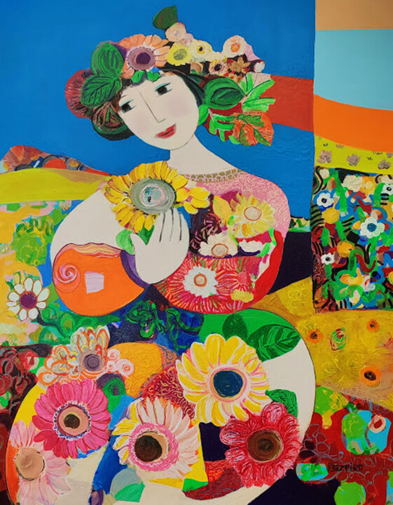 Painting titled "La femme aux fleurs" by Brigitte Szpiro, Original Artwork, Acrylic