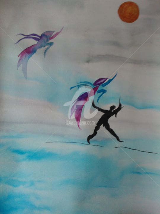 Disegno intitolato "homme oiseau" da Brigitte Baspeyras, Opera d'arte originale, Inchiostro