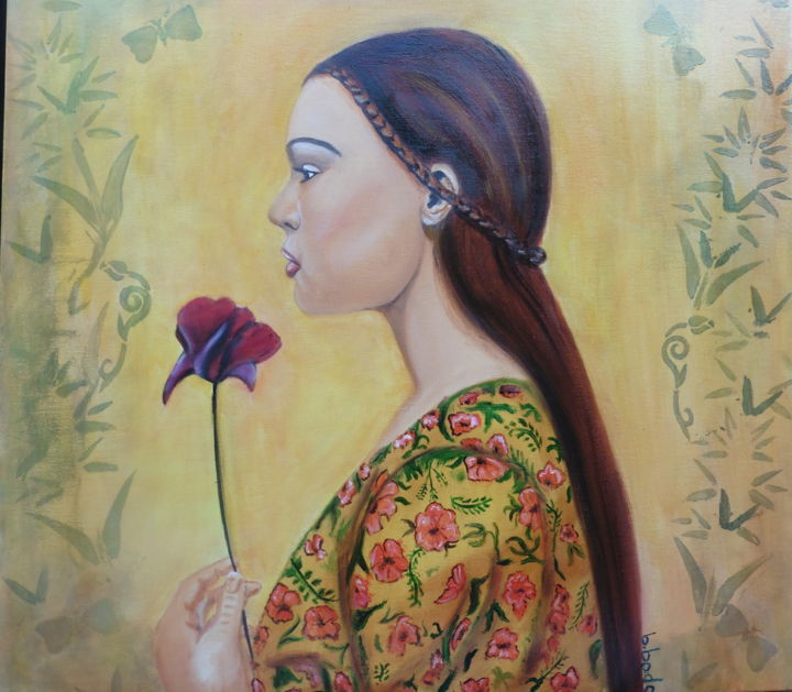 Peinture intitulée "La dame au  Coqueli…" par Brigitte Bodo, Œuvre d'art originale, Huile