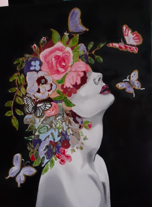 Peinture intitulée "Femme fleurs numéro…" par Brigitte Bodo, Œuvre d'art originale, Huile Monté sur Châssis en bois