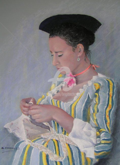 Painting titled "JEUNE BRODEUSE" by Brigitte Charles, Original Artwork, Oil
