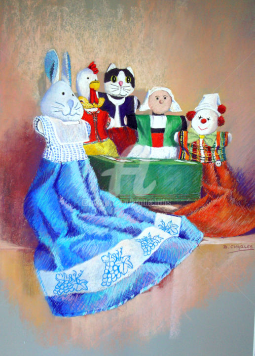 Peinture intitulée "la-partie-de-cartes…" par Brigitte Charles, Œuvre d'art originale, Pastel