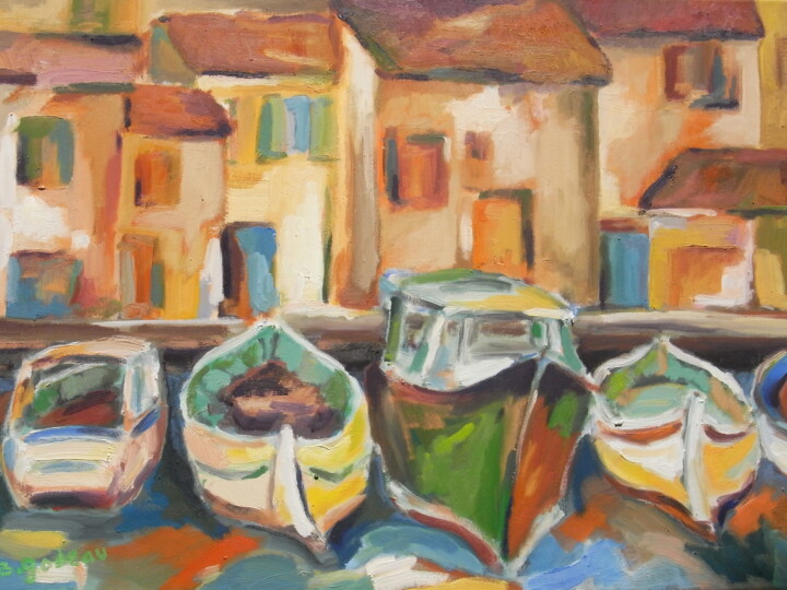 Malerei mit dem Titel "barques au port" von Brigitte Godeau, Original-Kunstwerk, Öl Auf Keilrahmen aus Holz montiert