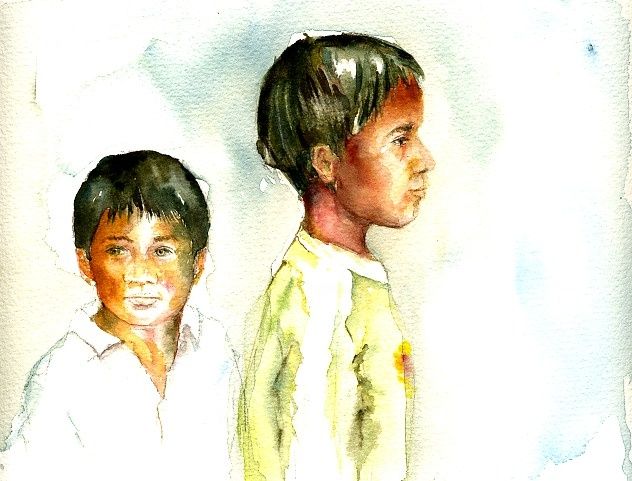 Malerei mit dem Titel "Deux jeunes garçons" von Brigitte Klein, Original-Kunstwerk, Öl