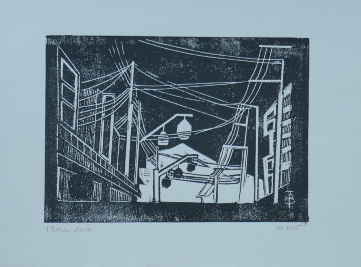 Gravures & estampes intitulée "FUJIYOSHIDA" par Brigitte Tabellion (enerenroad), Œuvre d'art originale, Linogravures