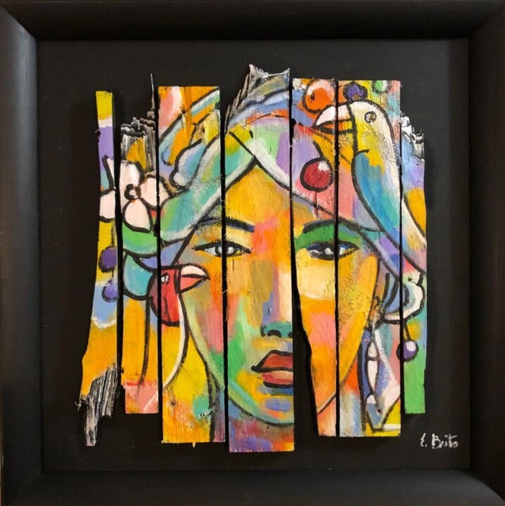 Painting titled "portrait exotique" by Esteves Brito, Original Artwork, Acrylic Mounted on Wood Panel