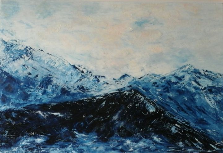 Painting titled "Montagnes bleues" by Britt, Original Artwork, Oil Mounted on Wood Stretcher frame