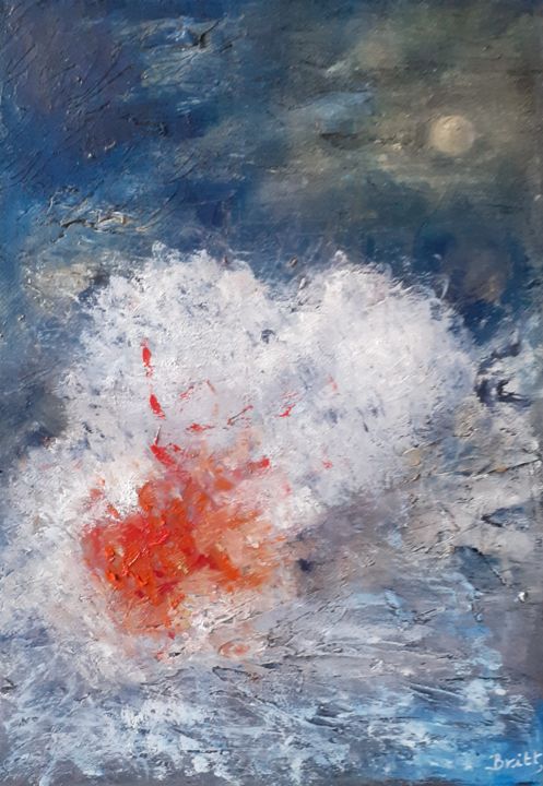 Painting titled "Eruption sous-marine" by Britt, Original Artwork, Oil Mounted on Wood Stretcher frame