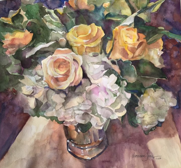 Painting titled "Anniversary Bouquet" by Bronwen Jones, Original Art, Watercolor