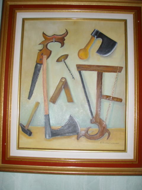 Peinture intitulée "outils du bois" par Evelyne Broquin-Decorte, Œuvre d'art originale