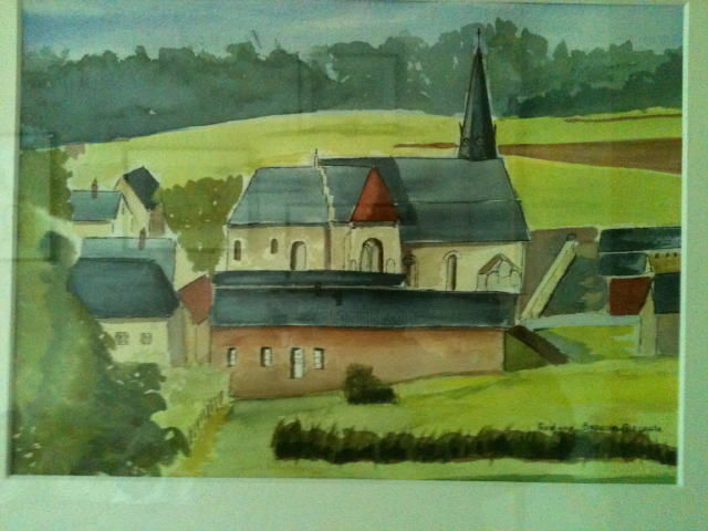 Malerei mit dem Titel "Eglise de Grandru" von Evelyne Broquin-Decorte, Original-Kunstwerk