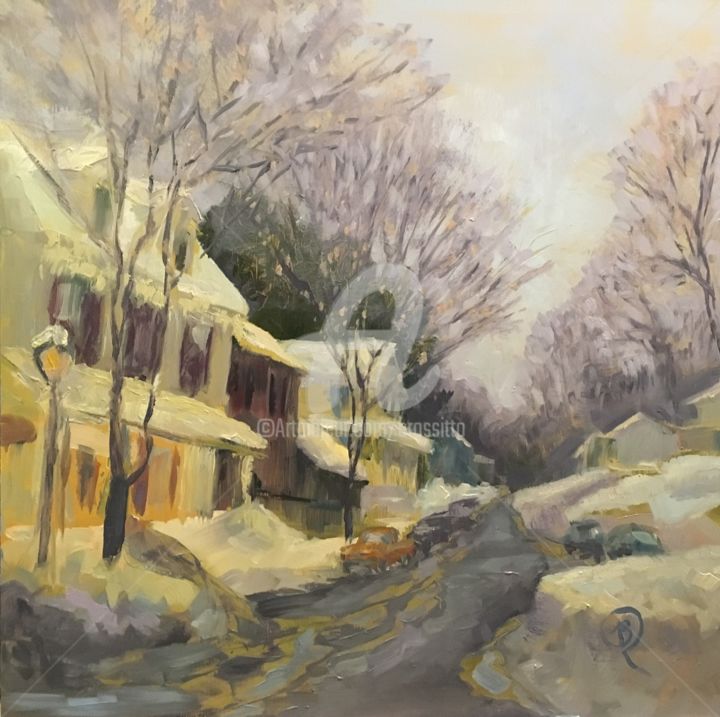 Painting titled "Snow-covered Village" by B.Rossitto, Original Artwork, Oil