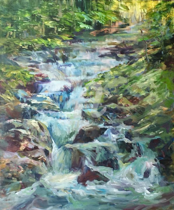 Painting titled "Waterfall in the Fo…" by B.Rossitto, Original Artwork, Oil