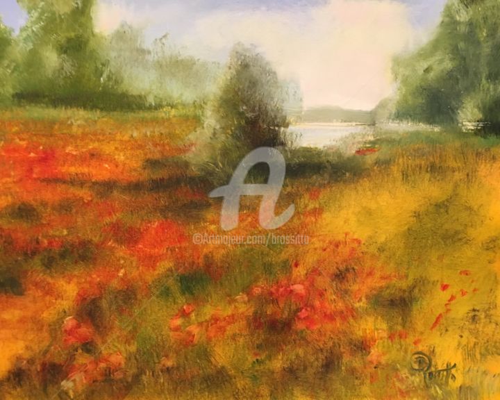 Painting titled "Poppies by the Cove" by B.Rossitto, Original Artwork, Oil