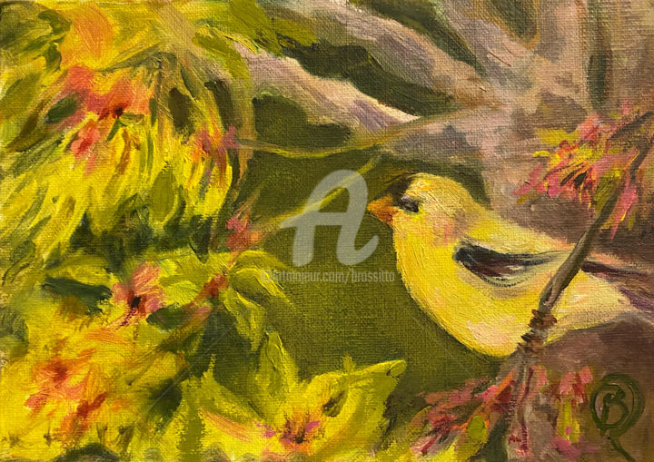 Картина под названием "Goldfinch in cherry…" - B.Rossitto, Подлинное произведение искусства, Масло