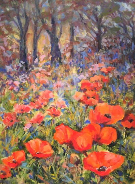Painting titled "Lake Placid Poppies…" by B.Rossitto, Original Artwork, Oil Mounted on Wood Stretcher frame