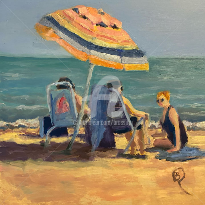 Schilderij getiteld "Beach Day" door B.Rossitto, Origineel Kunstwerk, Olie Gemonteerd op Houten paneel