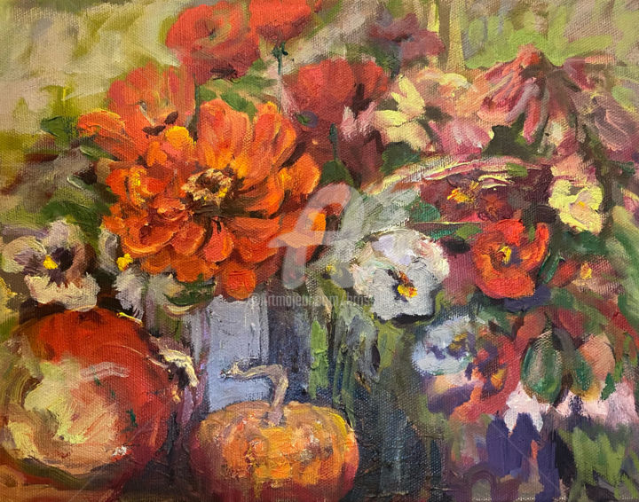 Painting titled "Zaza Zinnias" by B.Rossitto, Original Artwork, Oil Mounted on Wood Stretcher frame
