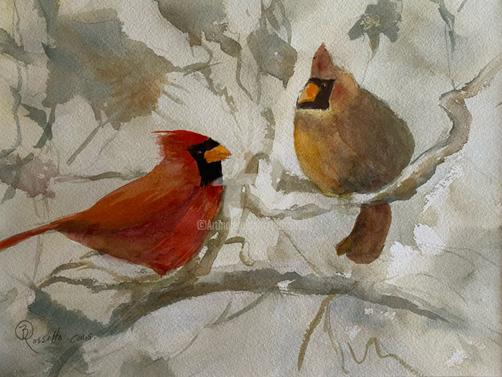 Painting titled "Cardinal Pair" by B.Rossitto, Original Artwork, Watercolor