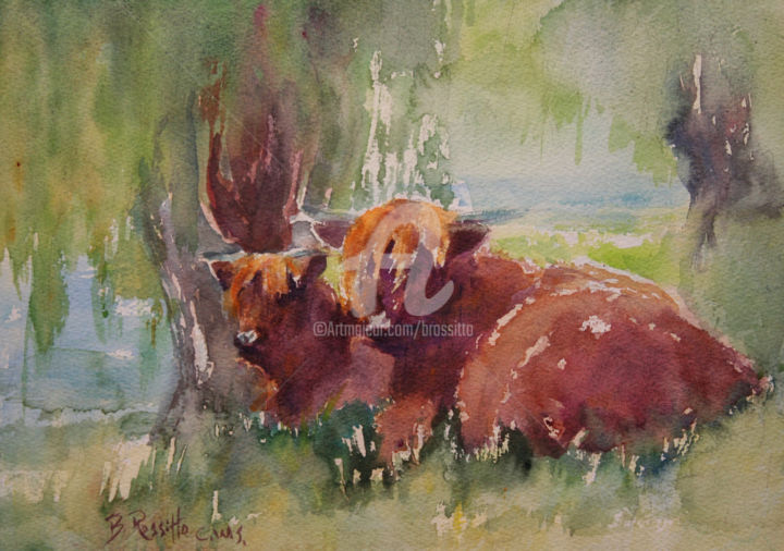 Painting titled "Highland cattle" by B.Rossitto, Original Artwork, Watercolor Mounted on Other rigid panel