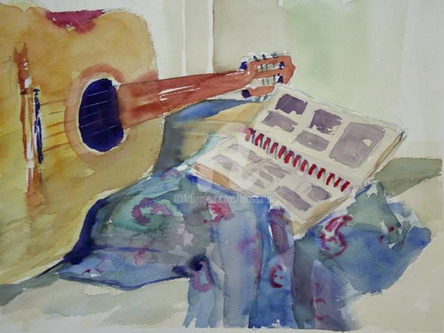 Painting titled "Guitar and pictures" by B.Rossitto, Original Artwork, Watercolor