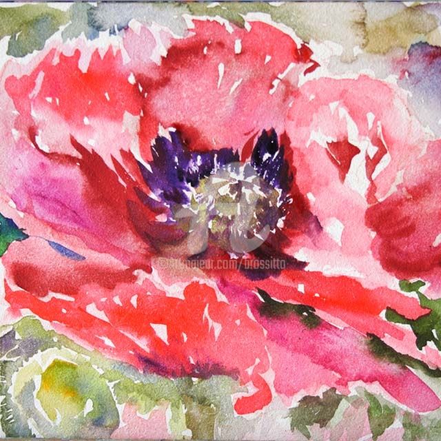 Painting titled "Sunny Day Poppy" by B.Rossitto, Original Artwork, Watercolor Mounted on Other rigid panel