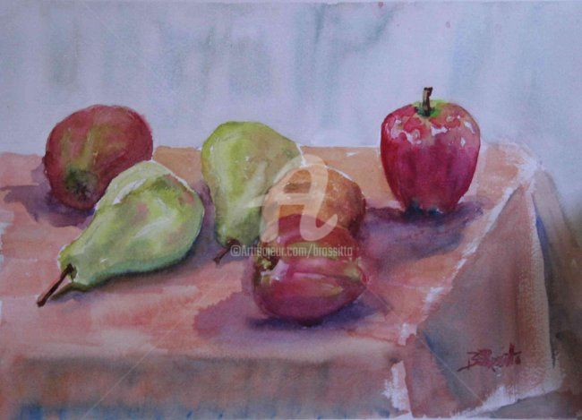 Painting titled "Apples and Pears on…" by B.Rossitto, Original Artwork, Oil