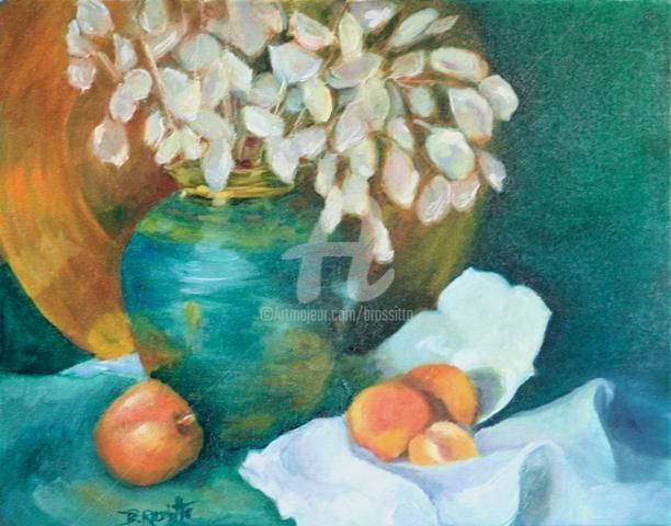 Painting titled "Lunas in a Teal Vase" by B.Rossitto, Original Artwork, Oil
