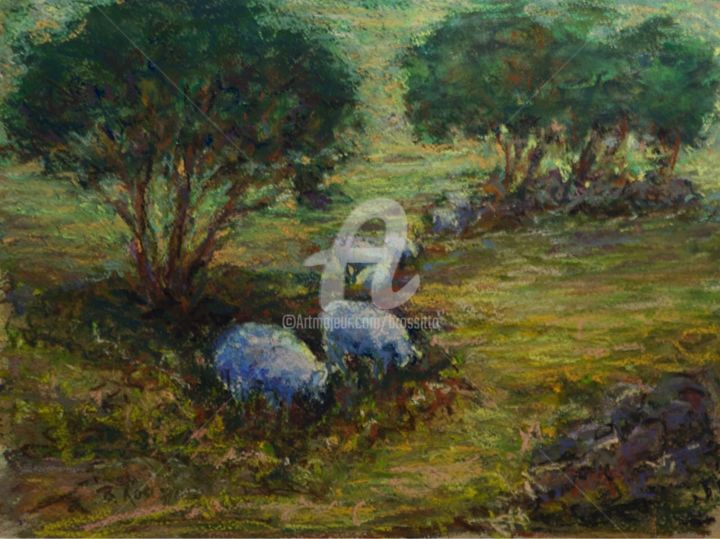 Pintura intitulada "Pastoral Scene with…" por B.Rossitto, Obras de arte originais, Óleo