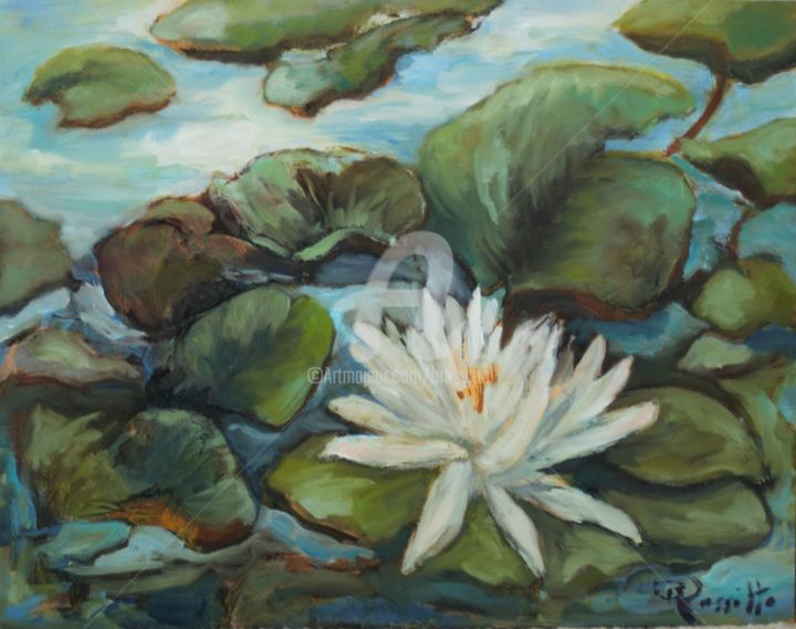 Painting titled "white waterlily" by B.Rossitto, Original Artwork, Oil Mounted on Wood Panel