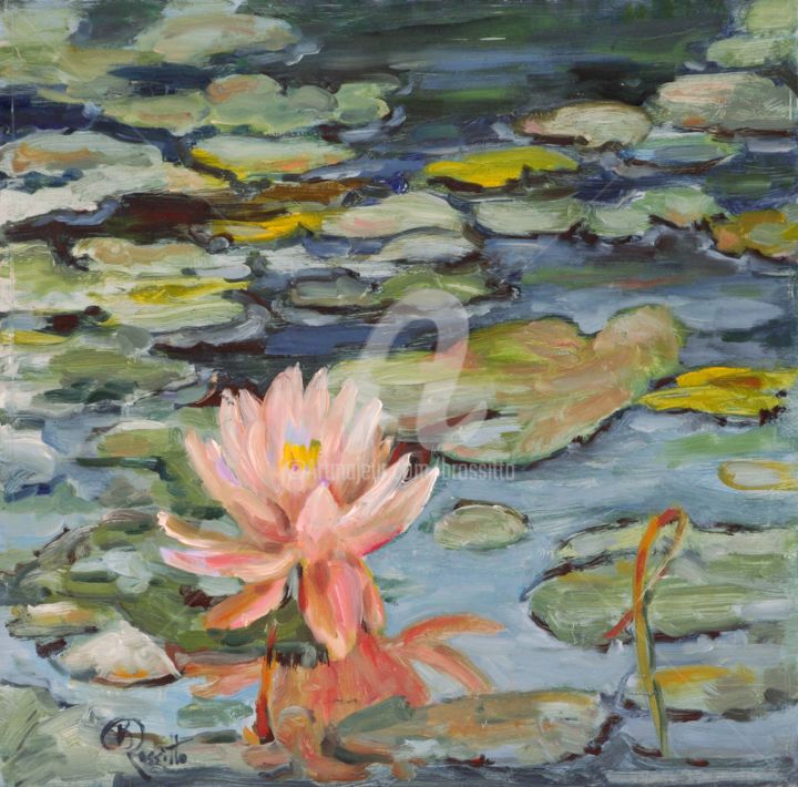 Painting titled "pink water lily" by B.Rossitto, Original Artwork, Oil
