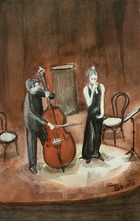 Schilderij getiteld "Contrabassista e ca…" door Maurizio Bruno, Origineel Kunstwerk, Aquarel