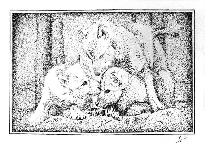 Drawing titled "Wolfs" by Romain Brunetti, Original Artwork, Ink