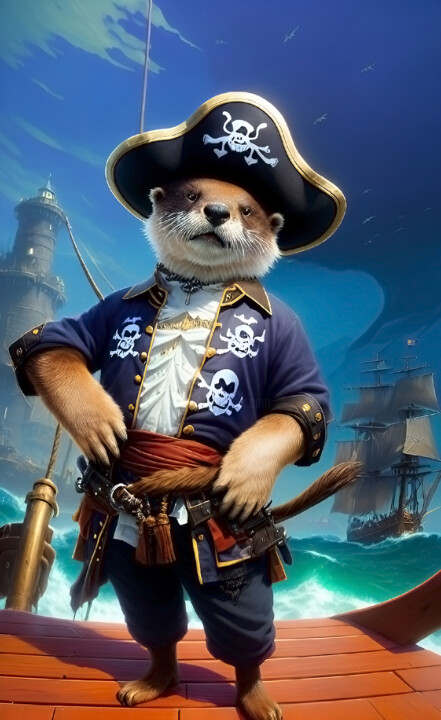 Digital Arts titled "Otter Captain Pirate" by Bruno Brian De Paiva Almeida, Original Artwork, Digital Painting