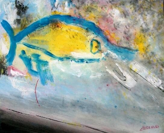 Painting titled "Poisson bleu à Lesc…" by Bruno Briatte, Original Artwork, Oil