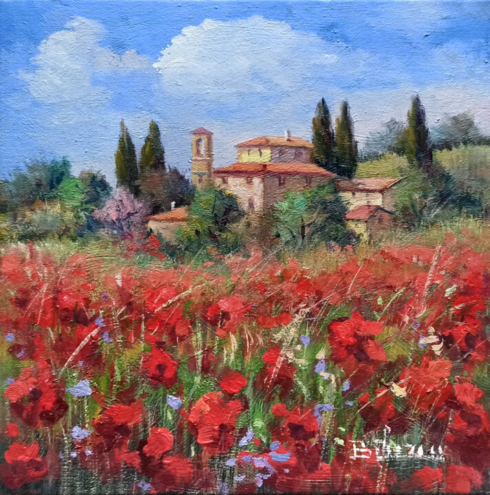 Painting titled "Village with flower…" by Bruno Chirici, Original Artwork, Oil Mounted on Wood Stretcher frame