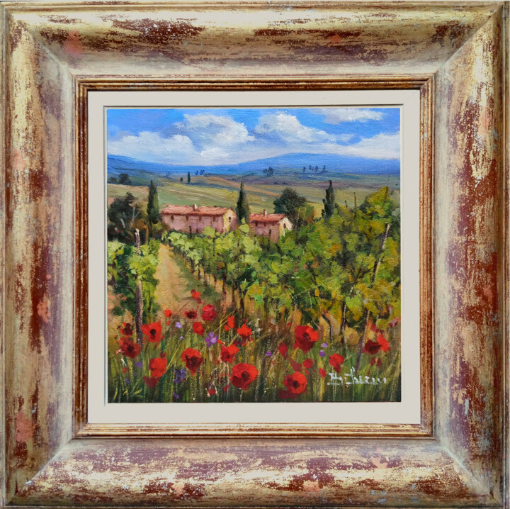 Painting titled "Vineyard and red po…" by Bruno Chirici, Original Artwork, Oil Mounted on Wood Stretcher frame