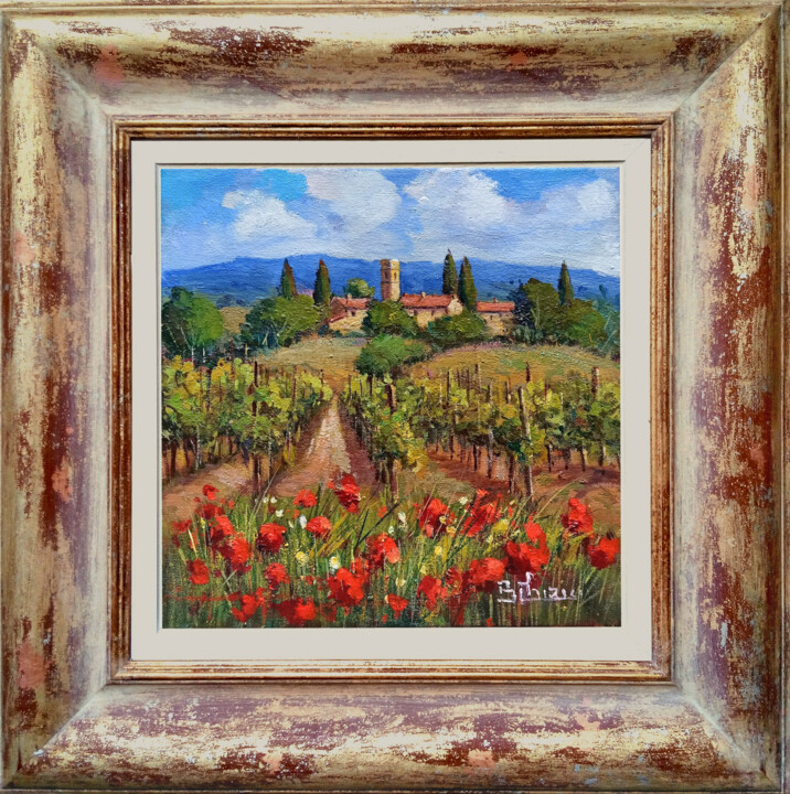 Schilderij getiteld ""VILLAGE WITH FLOWE…" door Bruno Chirici, Origineel Kunstwerk, Olie Gemonteerd op Frame voor houten bra…